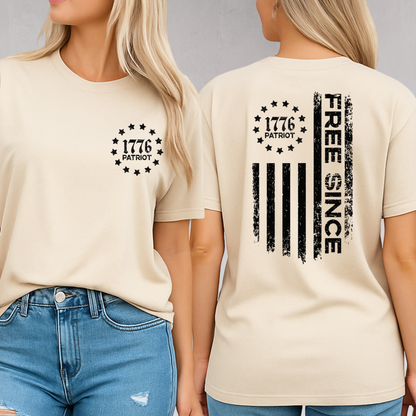 Two people wearing beige t-shirts with 1776 Patriot designs on a gray background