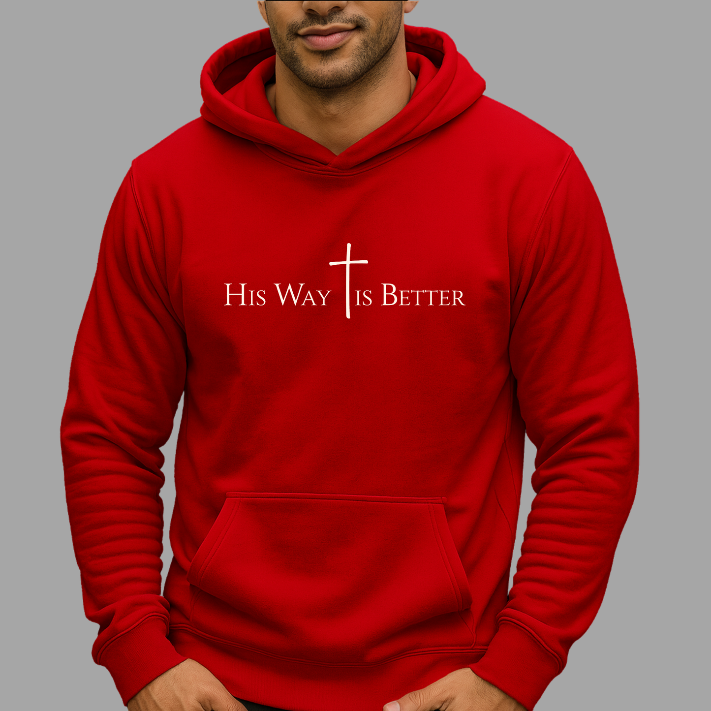 Red hoodie with “His Way Is Better” cross graphic – inspirational men’s hoodie