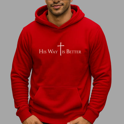Red hoodie with “His Way Is Better” cross graphic – inspirational men’s hoodie