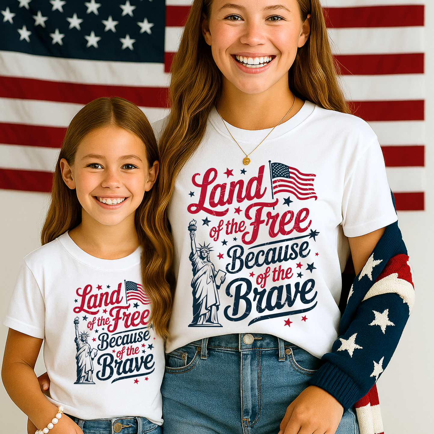 Close-up of shirt design with red, white, and blue stars and bold lettering