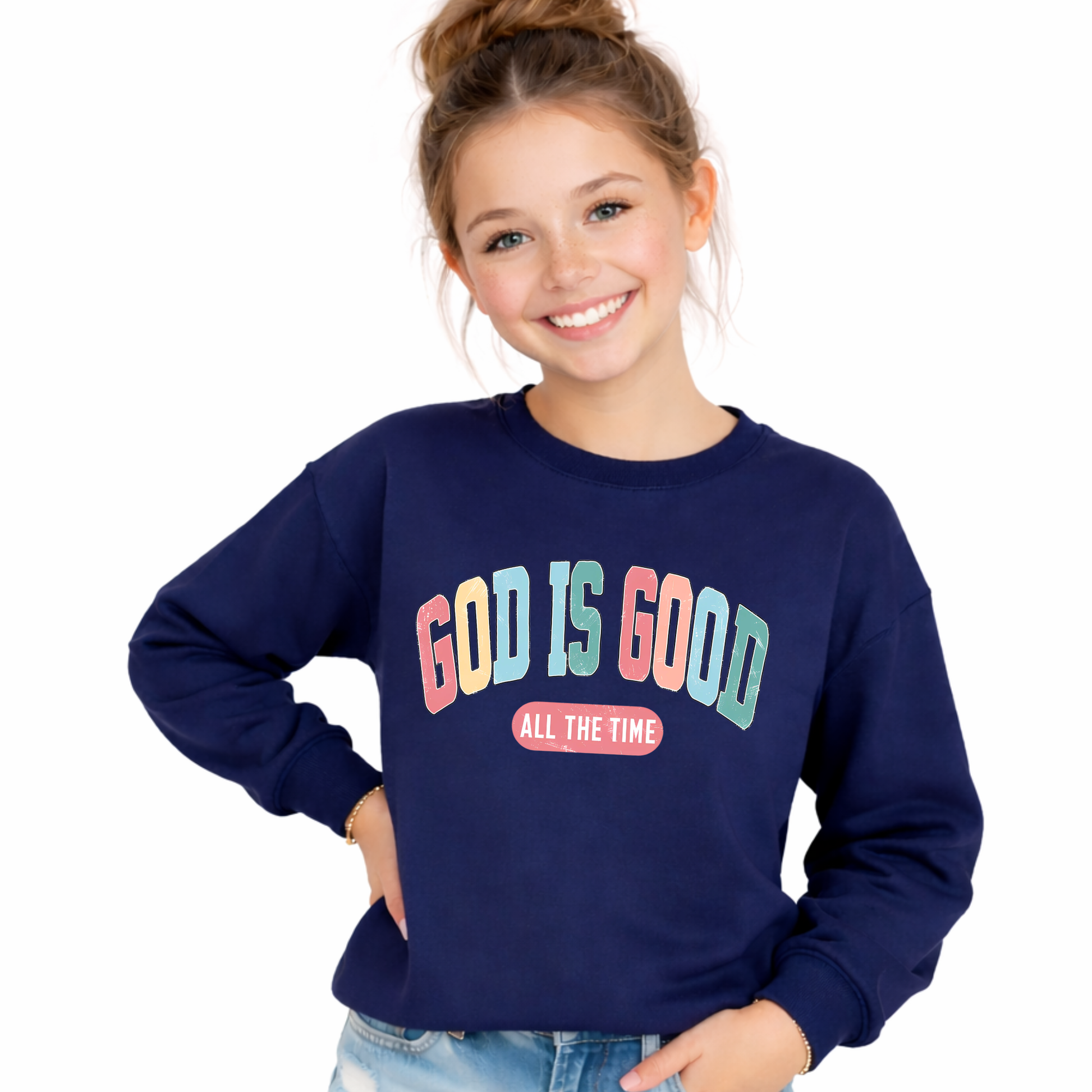 God is good all the time youth navy blue sweatshirt colorful faith graphic