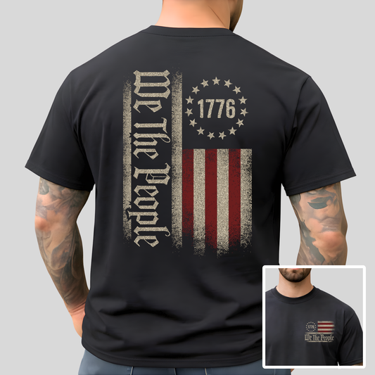 Black t-shirt with 'We The People' and American flag design on a gray background