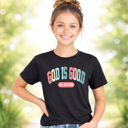 God is good all the time youth black t-shirt colorful christian faith design