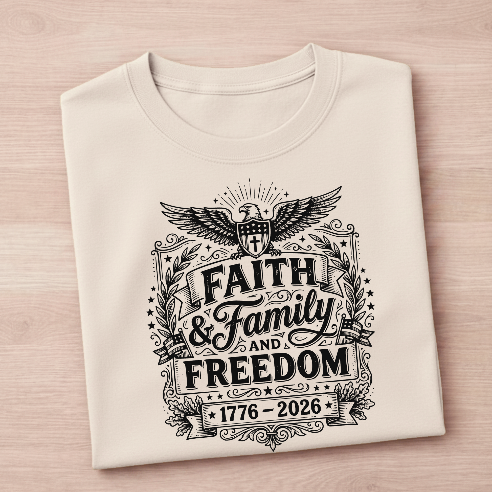 Folded sand colored patriotic t-shirt with black graphic design on a light pink background