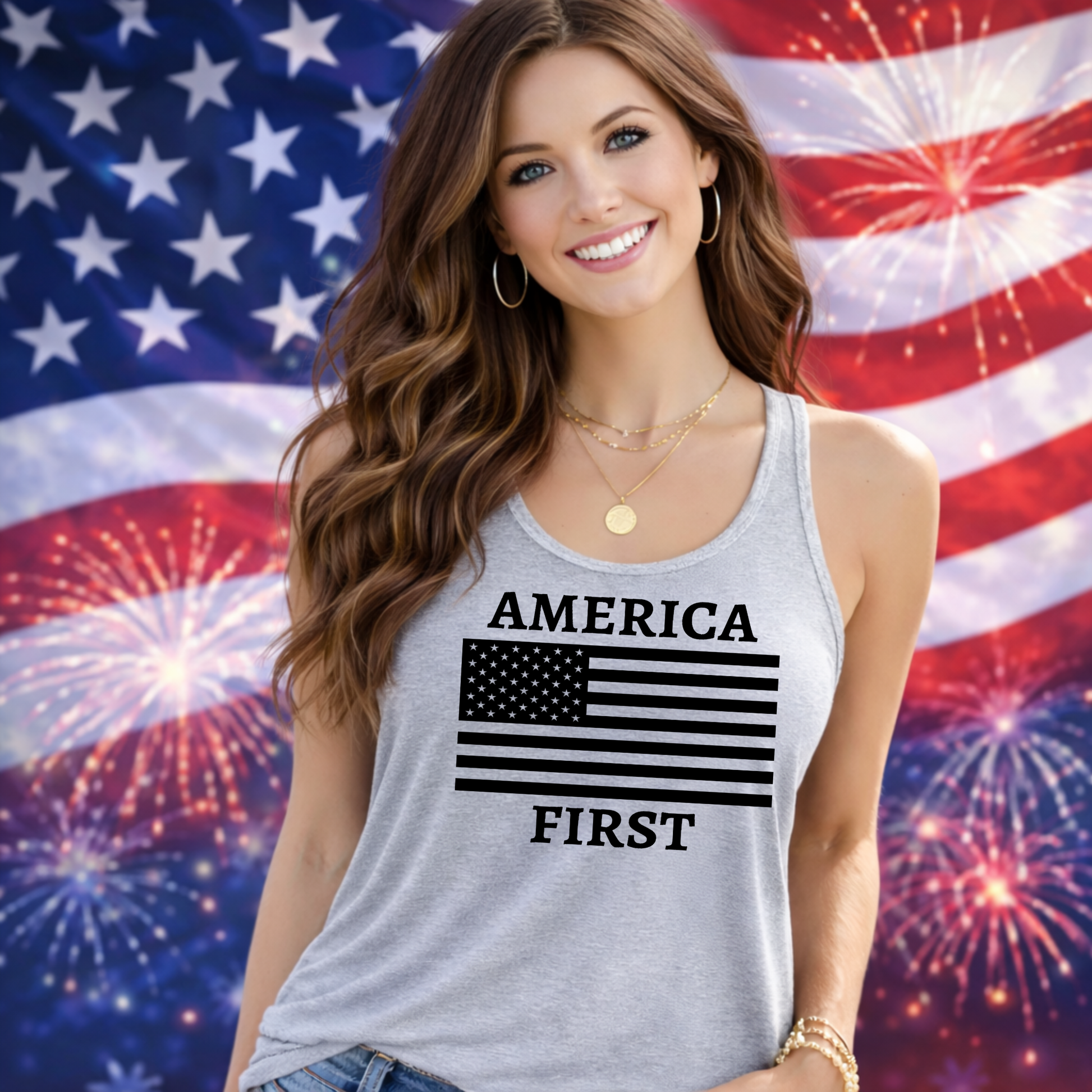 Woman wearing a tank top with 'AMERICA FIRST' and an American flag design, standing in front of an American flag and fireworks.
