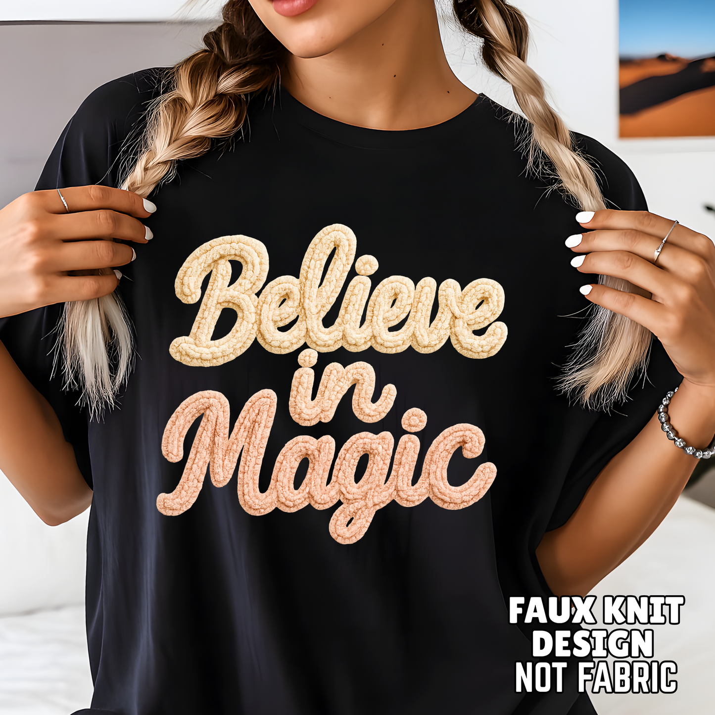 Close-up black unisex shirt showing Believe in Magic faux crochet textured print, detailed holiday yarn-look graphic, Black Friday apparel.
