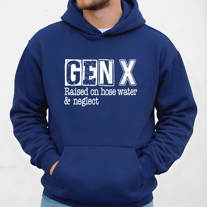Blue hoodie with 'GEN X Raised on hose water & neglect' text on a white background