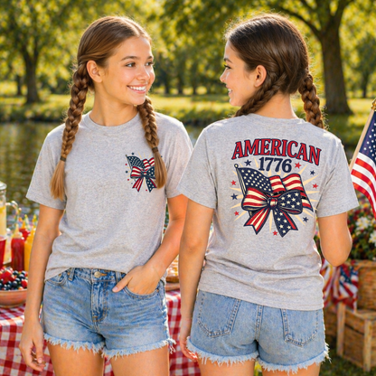 American 1776 Flag Bow Youth Girls 4th of July Shirt