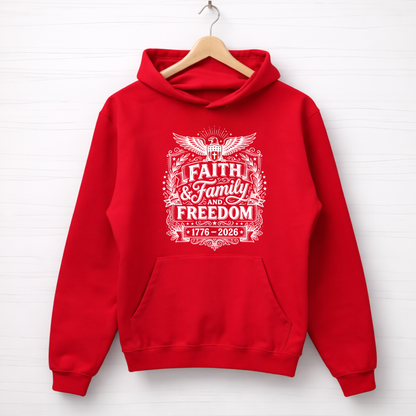 Red hoodie with 'Faith & Family Freedom' text on a white background