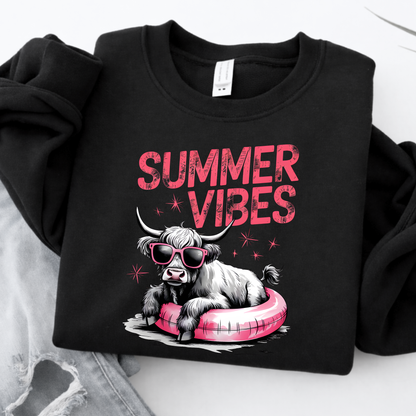 Black sweatshirt with 'Summer Vibes' text and highland cow graphic on a white background
