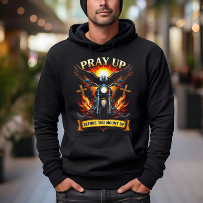 Men’s black Christian hoodie with bold motorcycle and eagle graphic front view