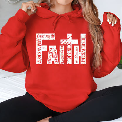 Person wearing a red hoodie with white text design on a light background