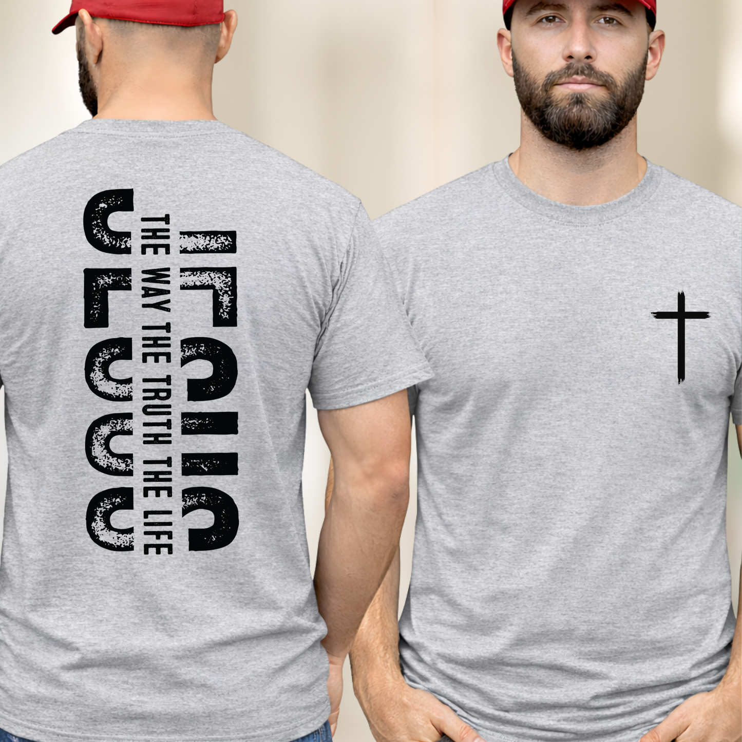 Gray Christian t-shirt with black cross on chest and distressed Jesus The Way The Truth The Life back design