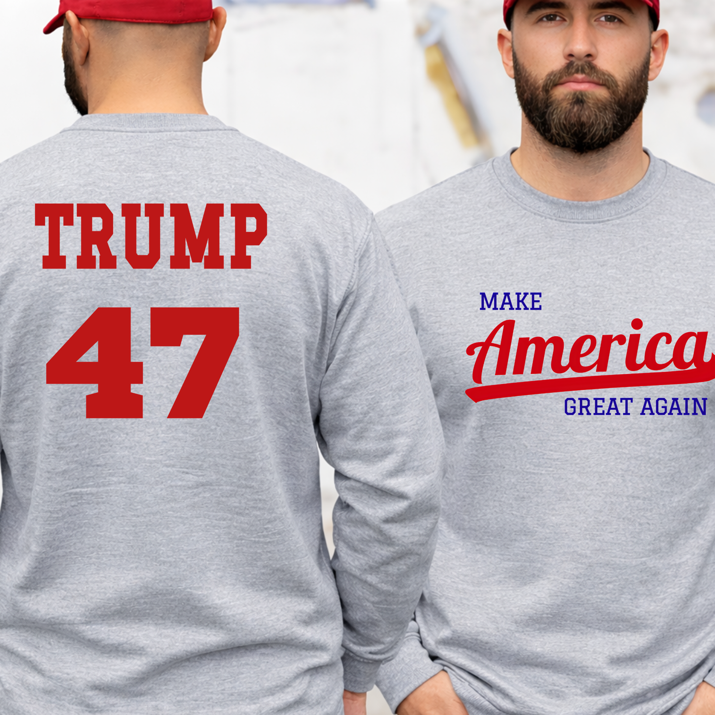 Trump 47 sweatshirt front and back, patriotic Make America Great Again crewneck in gray
