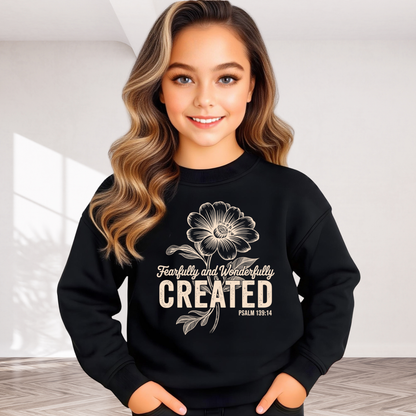 Youth girl wearing black sweatshirt with Fearfully and Wonderfully Created floral design smiling indoors