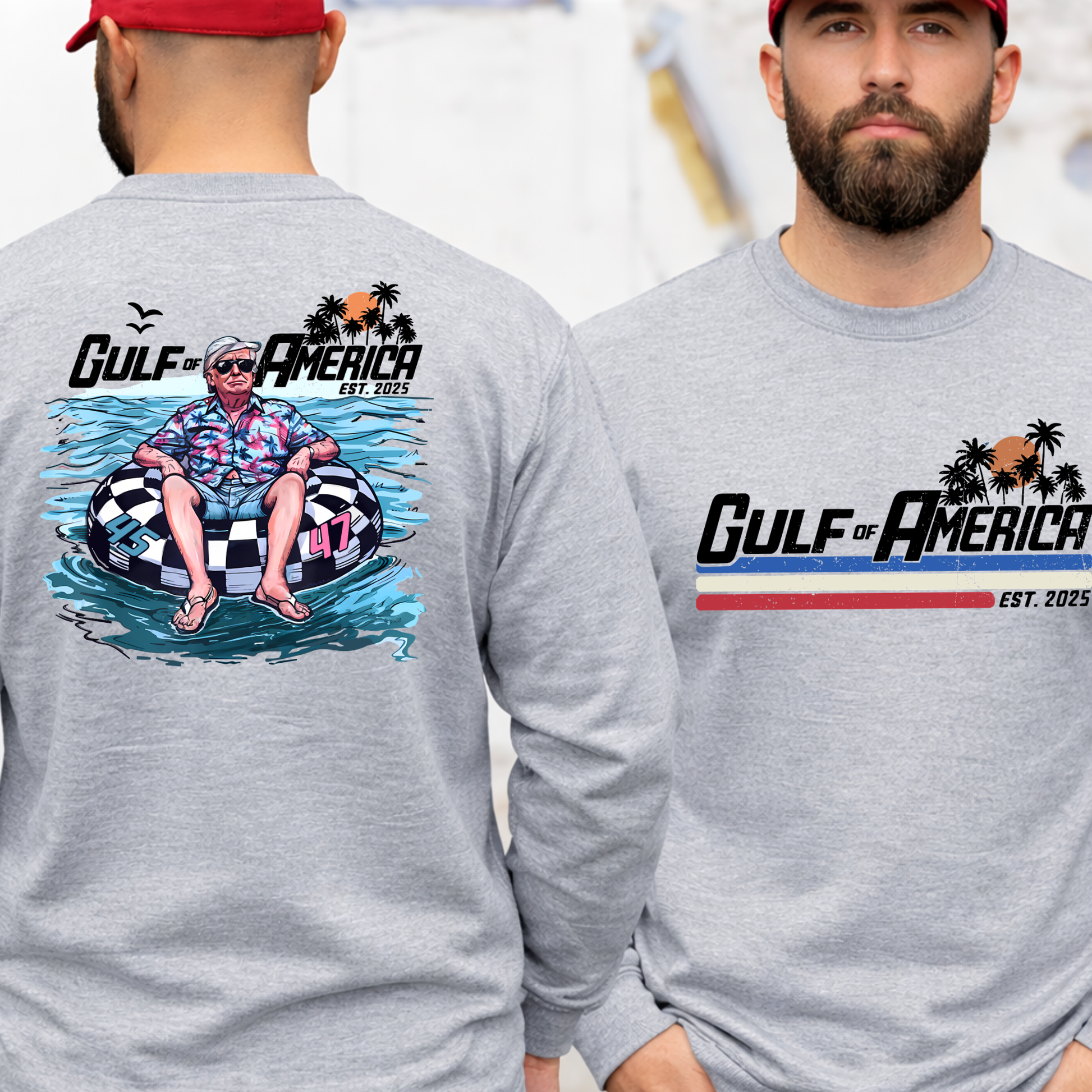 Gulf of America sweatshirt front and back, patriotic graphic crewneck with beach scene and vintage design