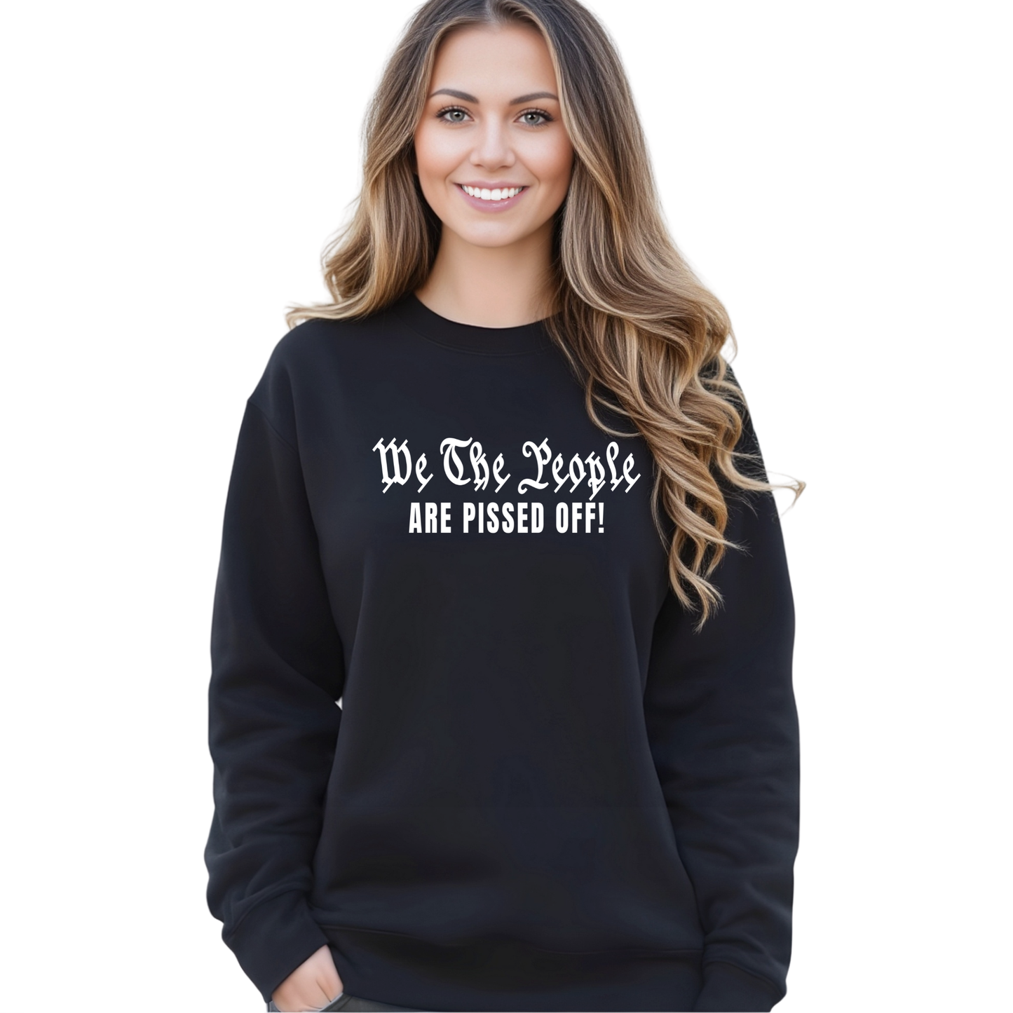 Woman wearing a black sweatshirt with text on a white background