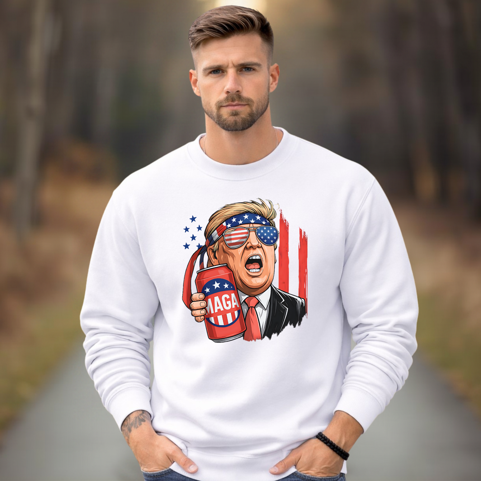 Man wearing a white sweatshirt with a patriotic graphic design outdoors