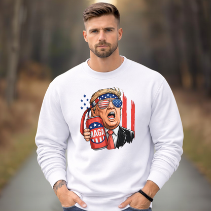 Man wearing a white sweatshirt with a patriotic graphic design outdoors