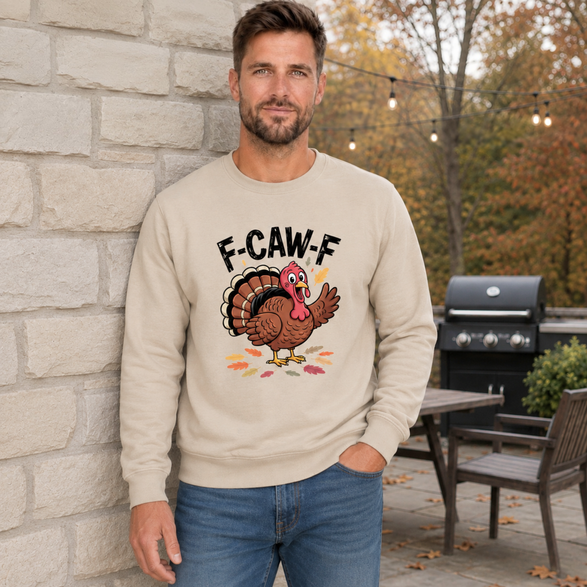 Man wearing a sand crewneck sweatshirt with a colorful F-CAW-F turkey graphic in a fall patio setting.