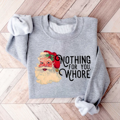 Sport Gray Sweatshirt Flat Lay – Folded gray sweatshirt with Santa print and funny rude Christmas quote