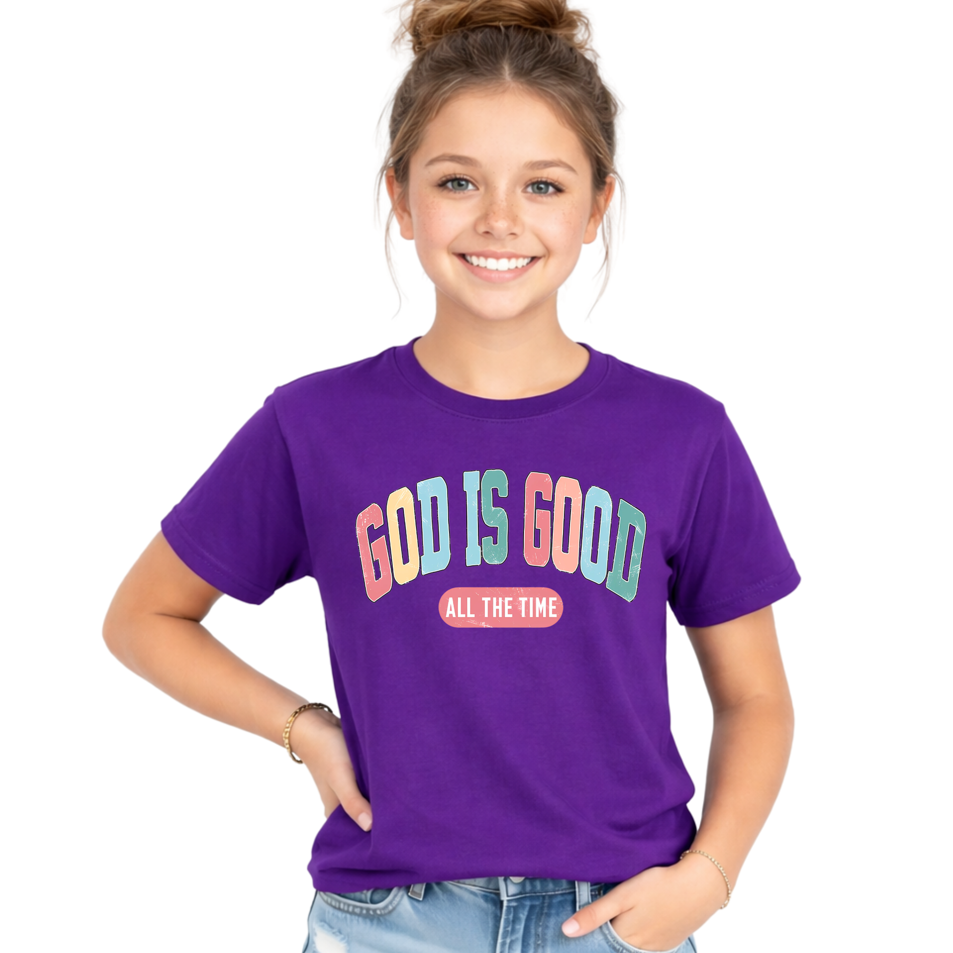 God is good all the time youth purple t-shirt colorful christian graphic