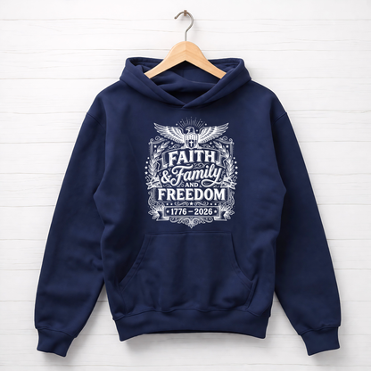 Navy blue hoodie with 'Faith & Family & Freedom' text on a wooden hanger against a white background