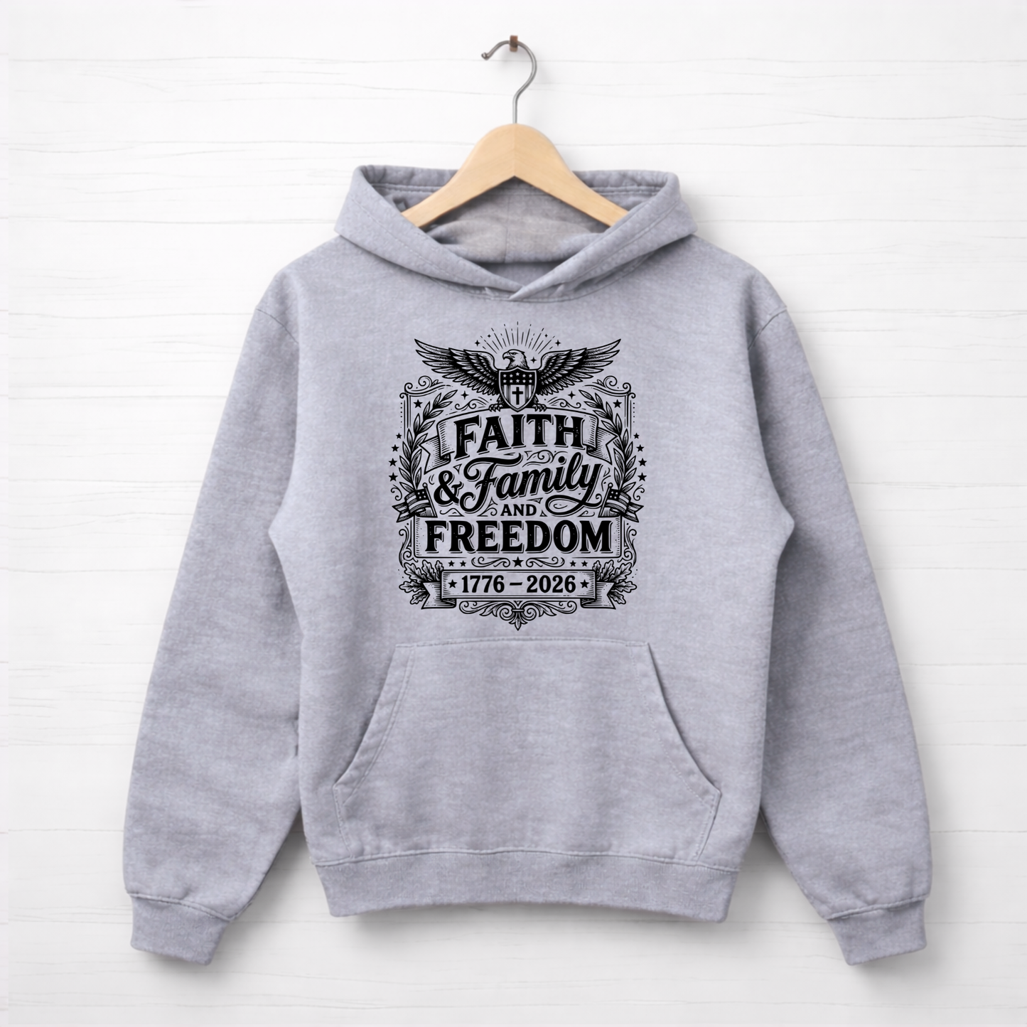 Gray hoodie with 'Faith & Family & Freedom' text on a white background