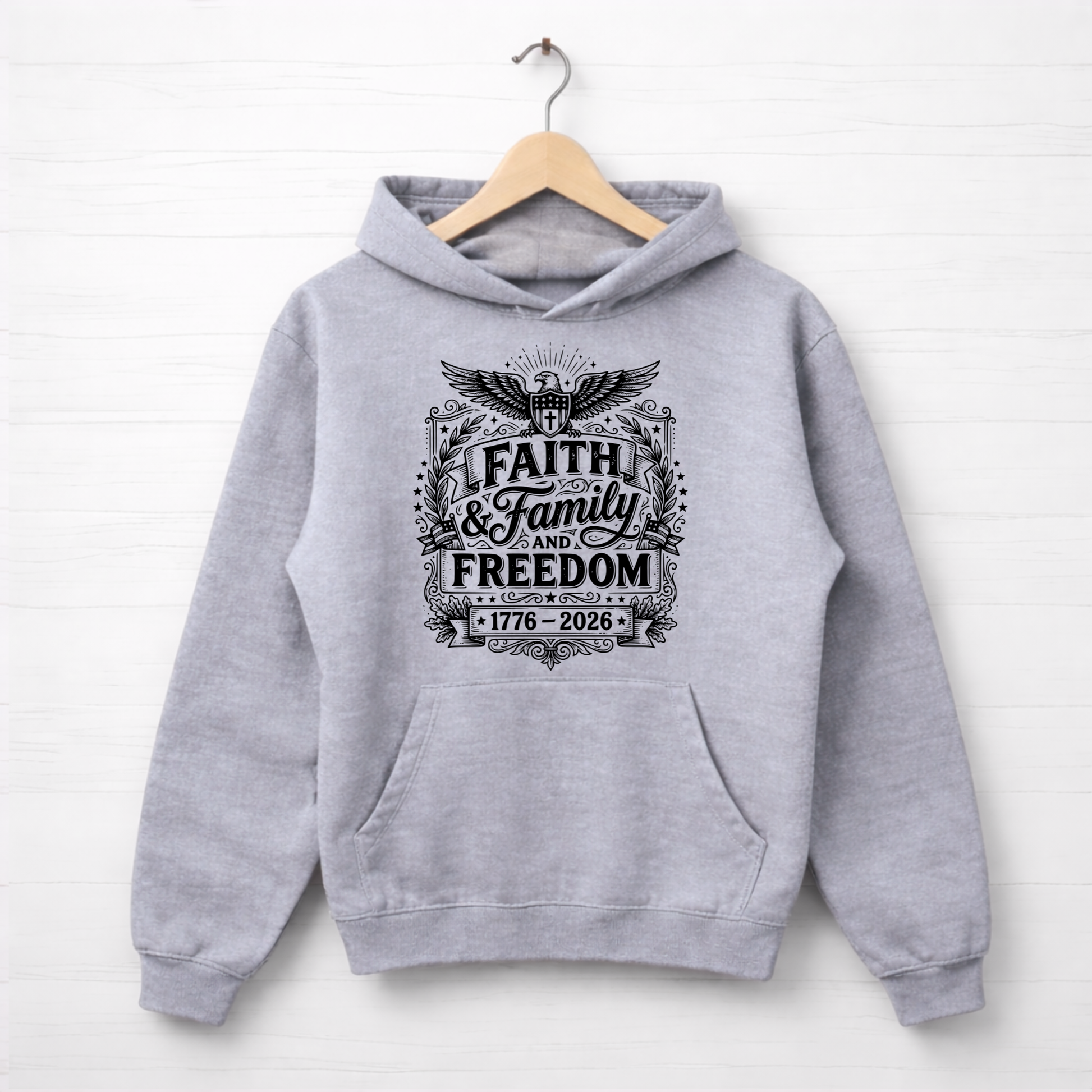 Gray hoodie with 'Faith & Family & Freedom' text on a white background