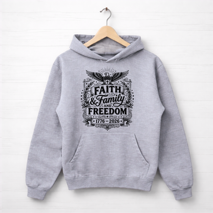Gray hoodie with 'Faith & Family & Freedom' text on a white background