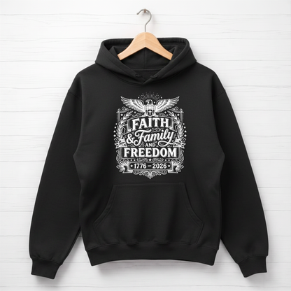 Black hoodie with 'Faith & Family Freedom' text on a white background