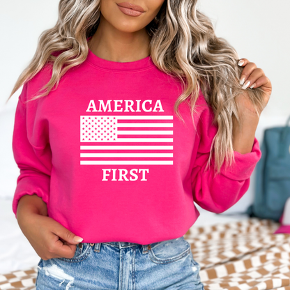Dark pink crewneck with bold white USA flag design

