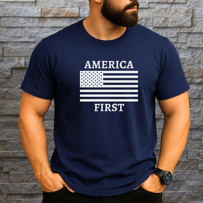 Muscular man in navy blue America First t-shirt with white flag design standing against stone wall