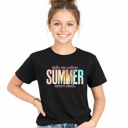 Young girl wearing a black t-shirt with colorful text on a white background
