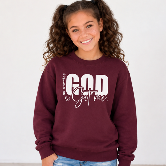 Maroon No Worries God Got Me youth crewneck sweatshirt with bold white faith graphic.