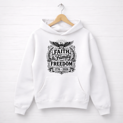 White hoodie with 'Faith & Family Freedom' text on a wooden hanger against a white background