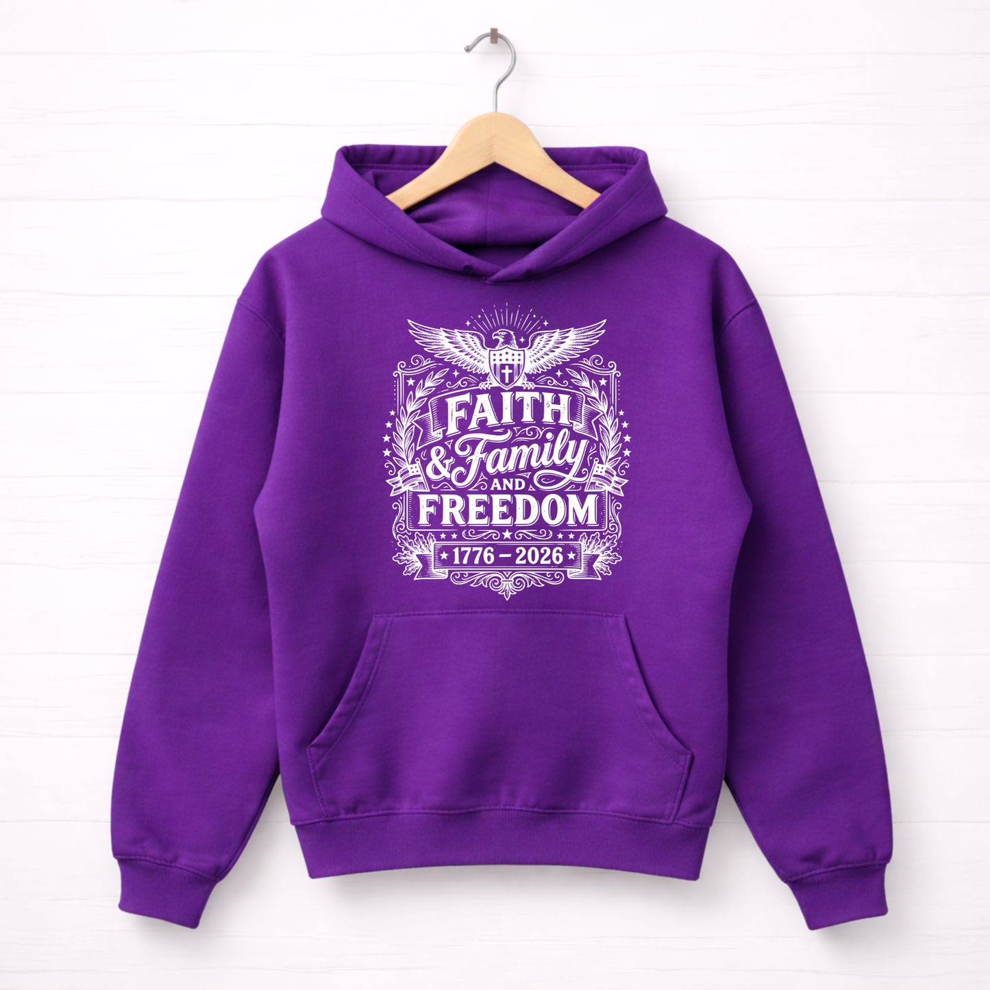 Purple hoodie with 'Faith & Family & Freedom' text on a white background