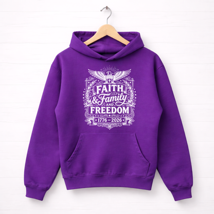 Purple hoodie with 'Faith & Family & Freedom' text on a white background