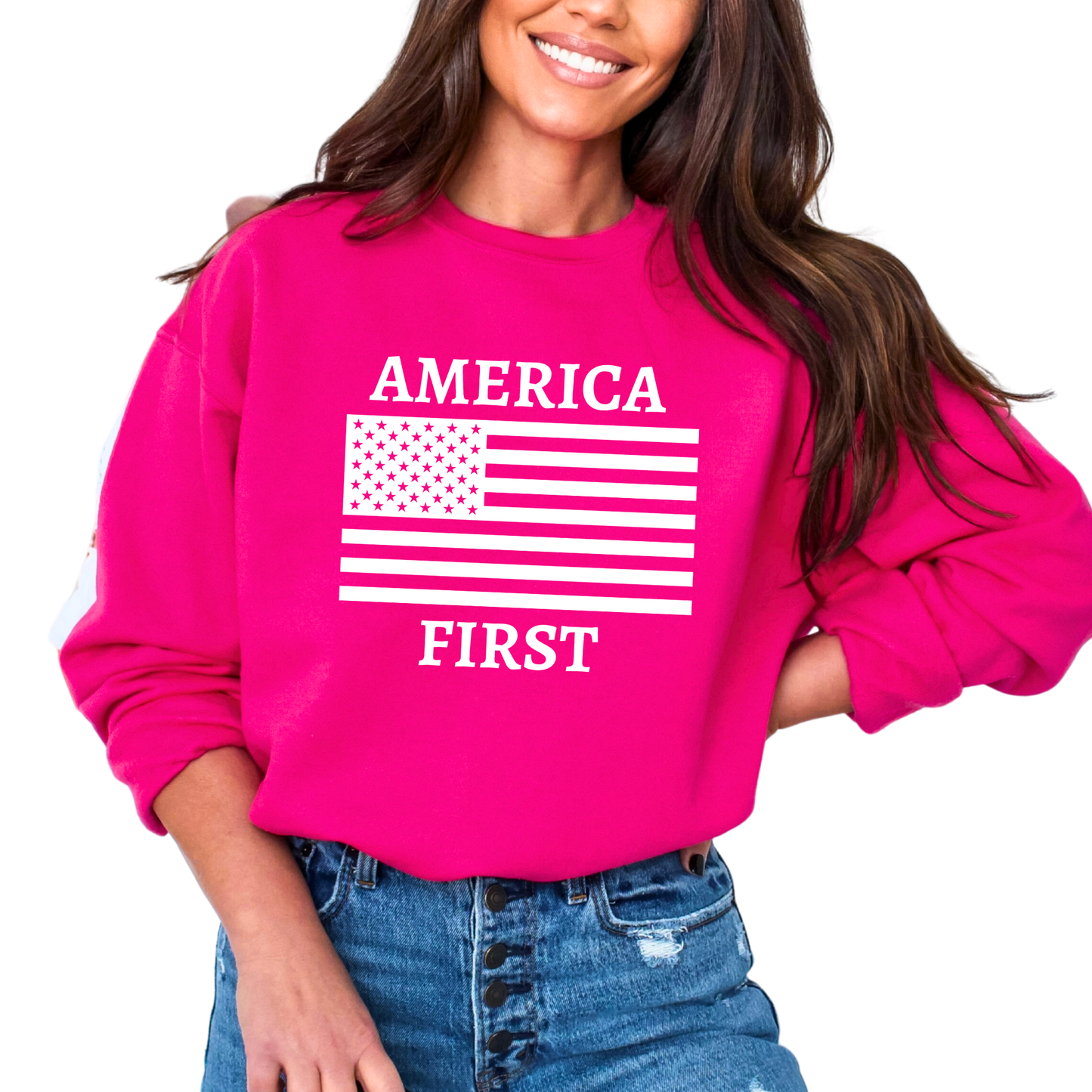 Dark Pink sweatshirt with white America First flag design

