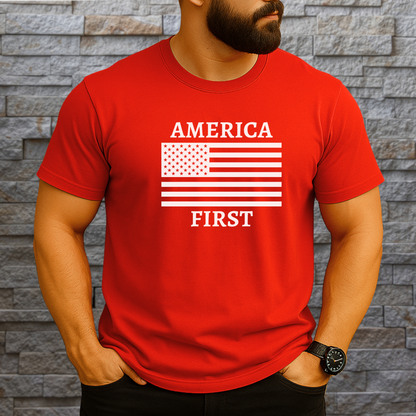 Man in red America First t-shirt with white American flag design standing confidently