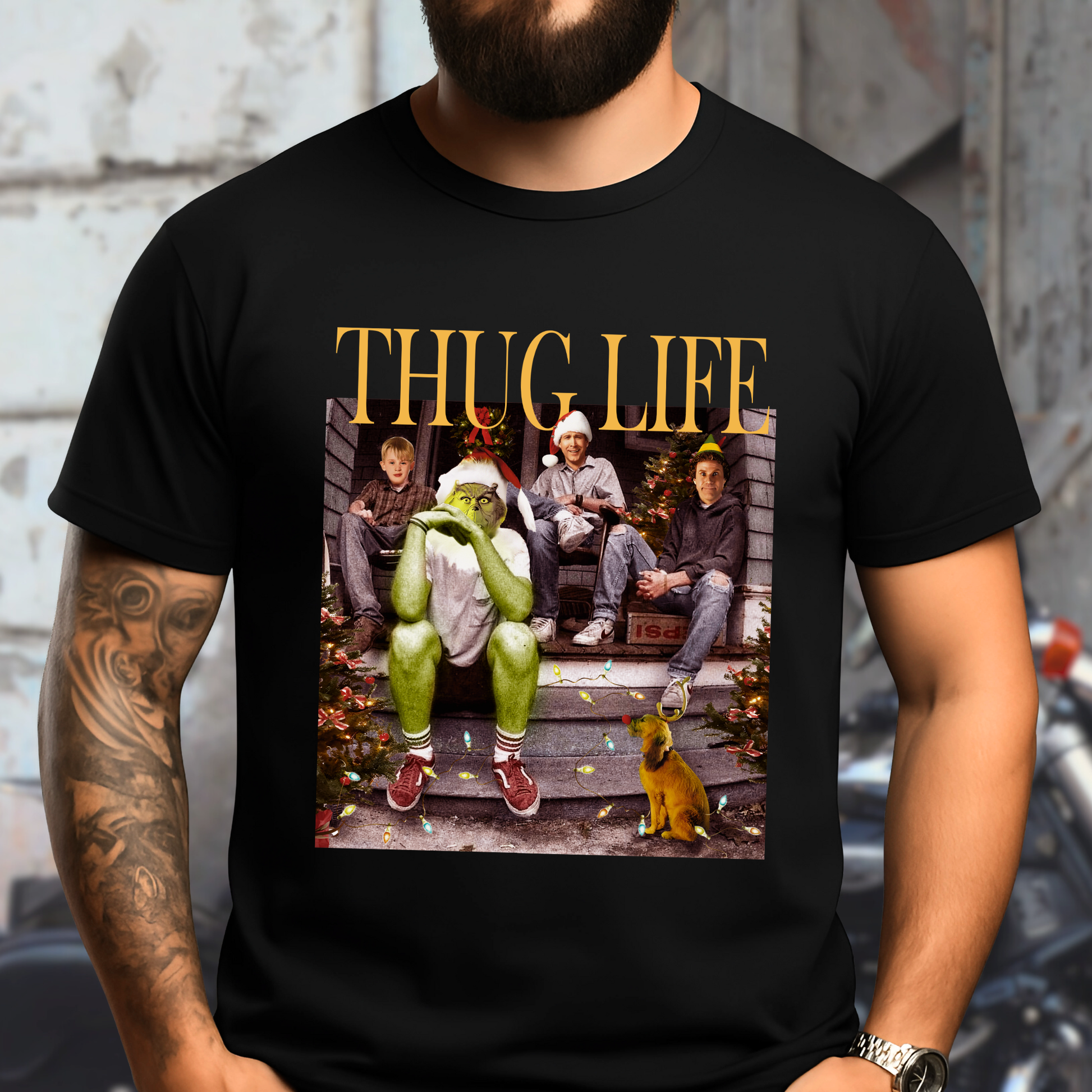 Person wearing a black t-shirt with 'THUG LIFE' graphic design.