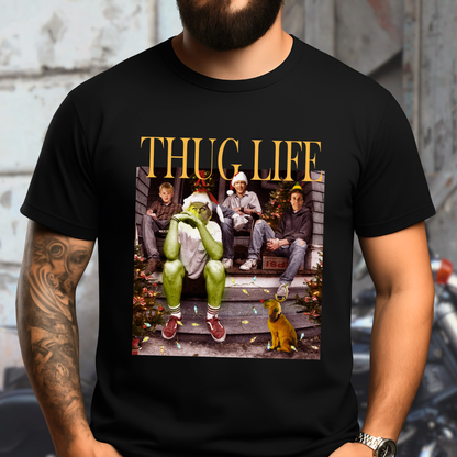 Person wearing a black t-shirt with 'THUG LIFE' graphic design.