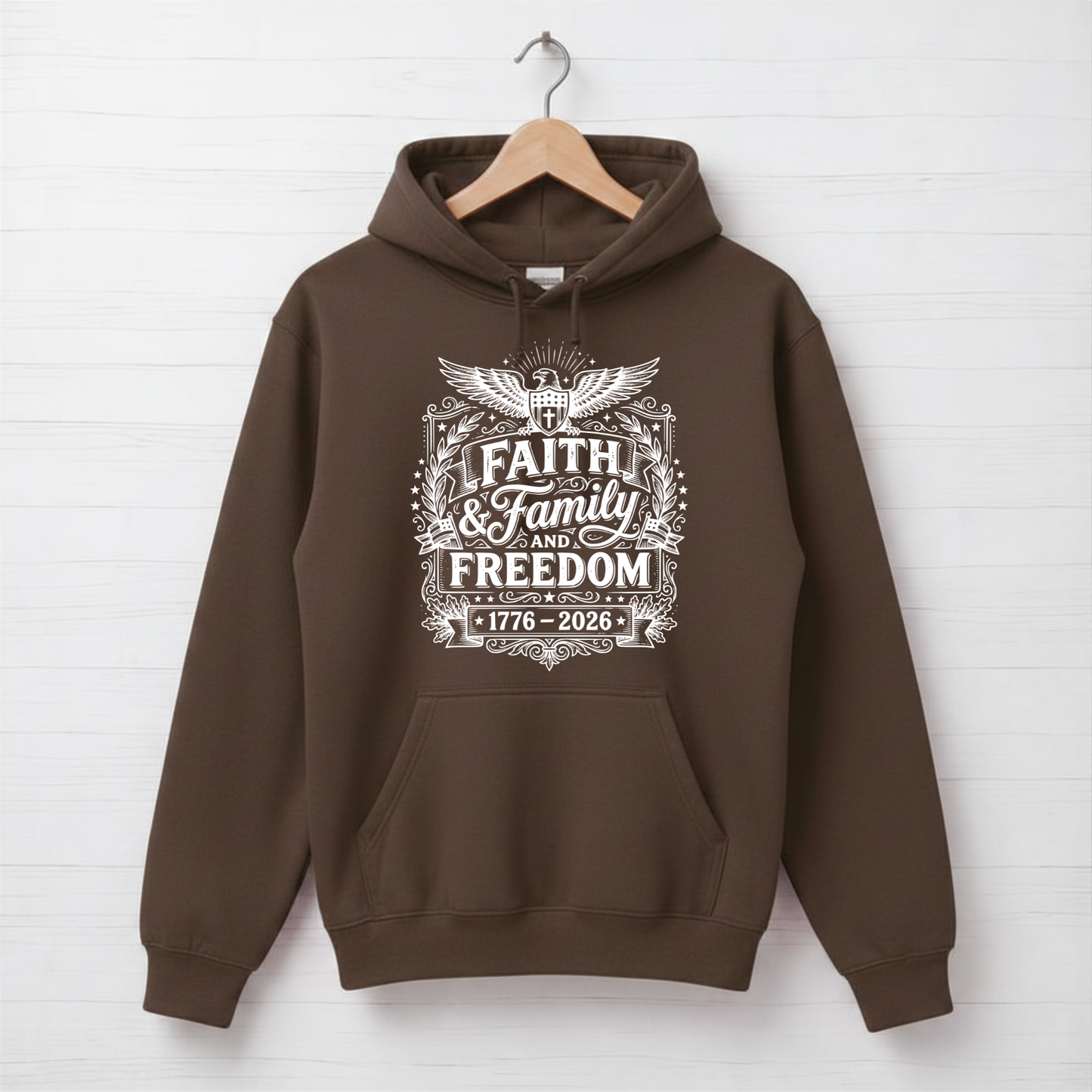 Brown hoodie with 'Faith & Family & Freedom' text on a white background