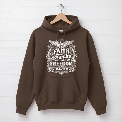 Brown hoodie with 'Faith & Family & Freedom' text on a white background