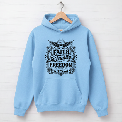 light blue hoodie with 'Faith & Family Freedom' text on a white background