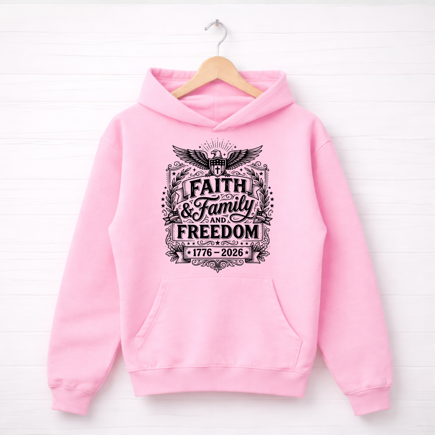 Light Pink hoodie with 'Faith & Family Freedom' text on a white background