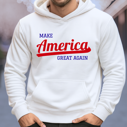 Make America Great Again hoodie front view, patriotic red white blue graphic on white hoodie