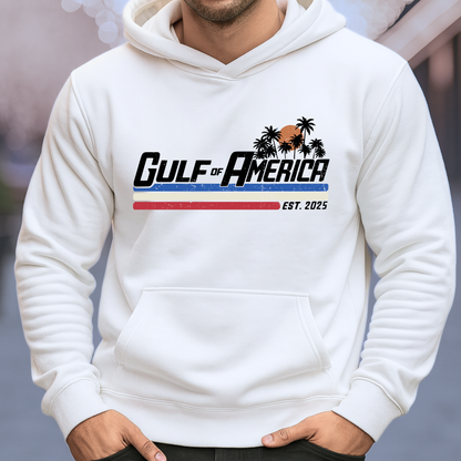 Gulf of America hoodie front view, patriotic beach graphic with palm trees and retro stripe design on white hoodie