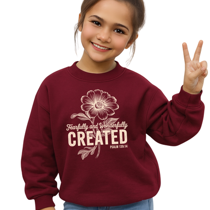 Youth girl wearing maroon sweatshirt with Fearfully and Wonderfully Created floral design holding up peace sign