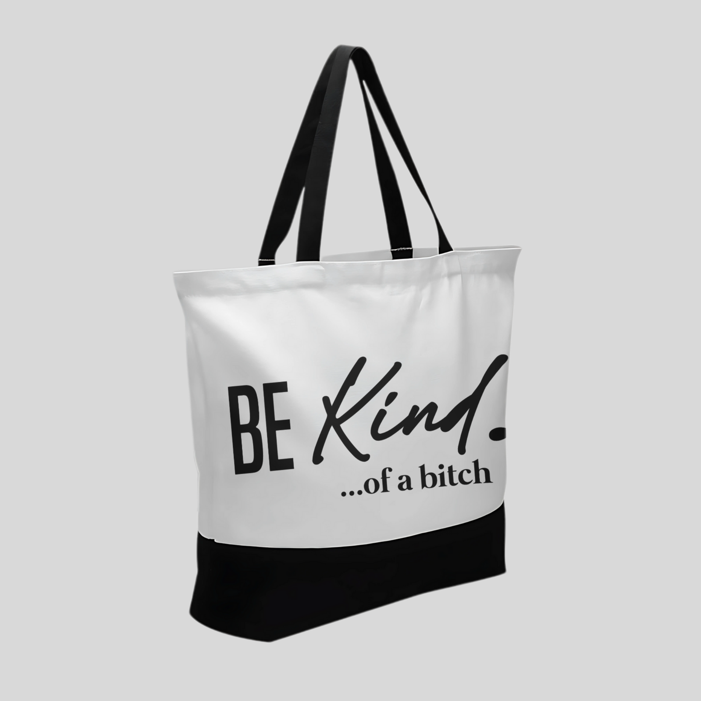 Black tote bag with white lettering 